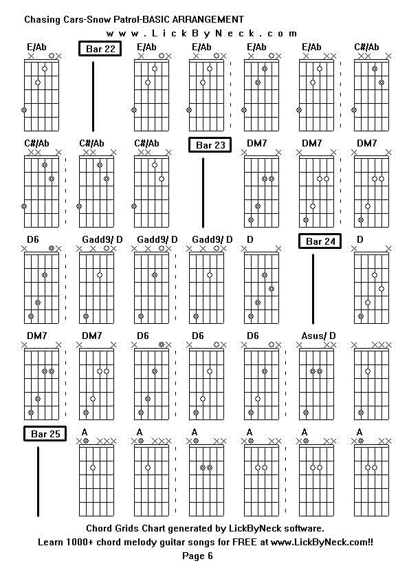 Chord Grids Chart of chord melody fingerstyle guitar song-Chasing Cars-Snow Patrol-BASIC ARRANGEMENT,generated by LickByNeck software.